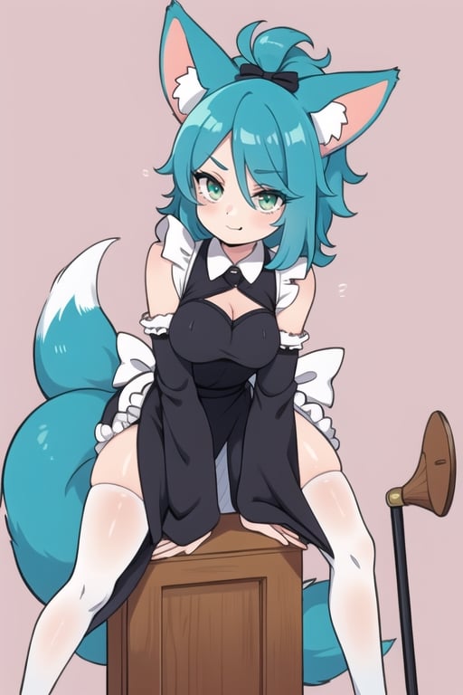 1girl, sidelighting, wallpaper,maid_costume,legs_open, aqua_eyes, fox ears, full_body, keiramevt