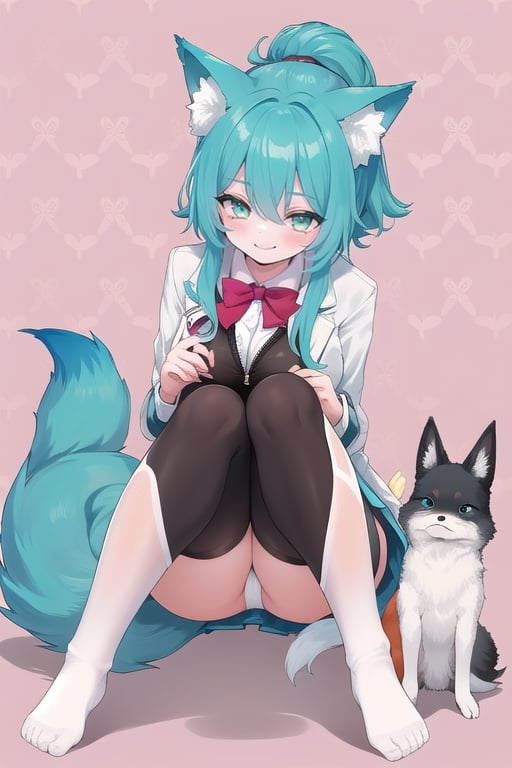 1girl, sidelighting, wallpaper, school swuinsuit, smile, aqua_eyes, fox ears,full_body,keiramevt