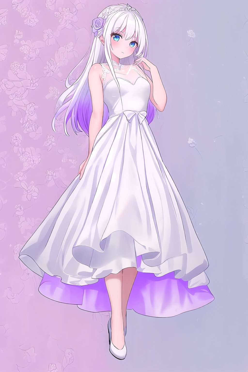 1girl, sidelighting, white hair purple tips,wedding_dress, blue_eyes ,wallpaper,full_body,RicheHayashi