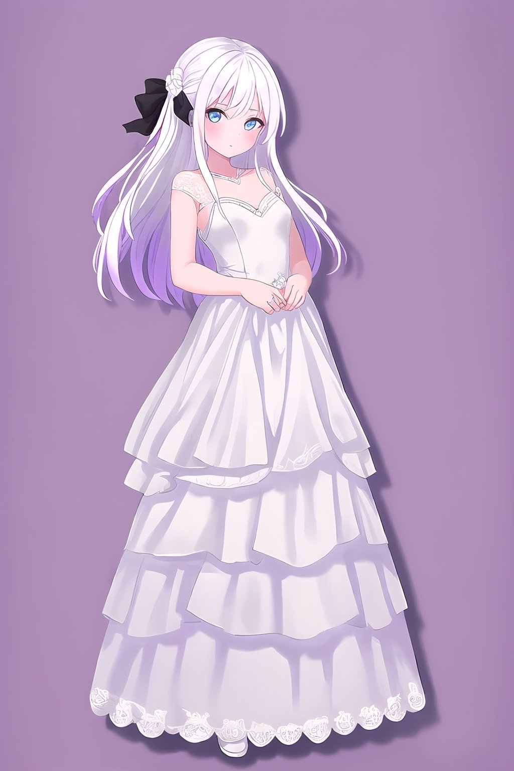 1girl, sidelighting, white hair purple tips,wedding_dress, blue_eyes ,wallpaper,full_body,RicheHayashi