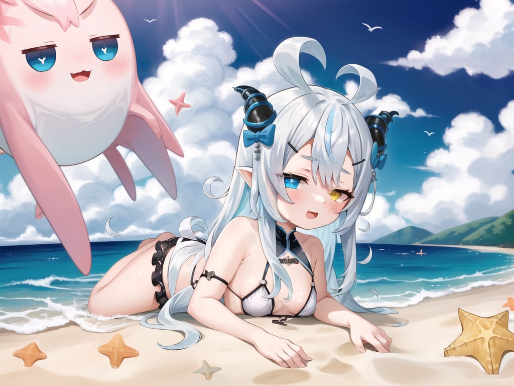 1girl, sidelighting, wallpaper, full_body, high_res, sky blue_hair, ahoge, pointy_ears, horn_ornament, horn_ribbon, hairclip, blue_eyes, heterochromia, yellow_eyes, small_breast, loli, koav1, pink_bikini_bottom, beach