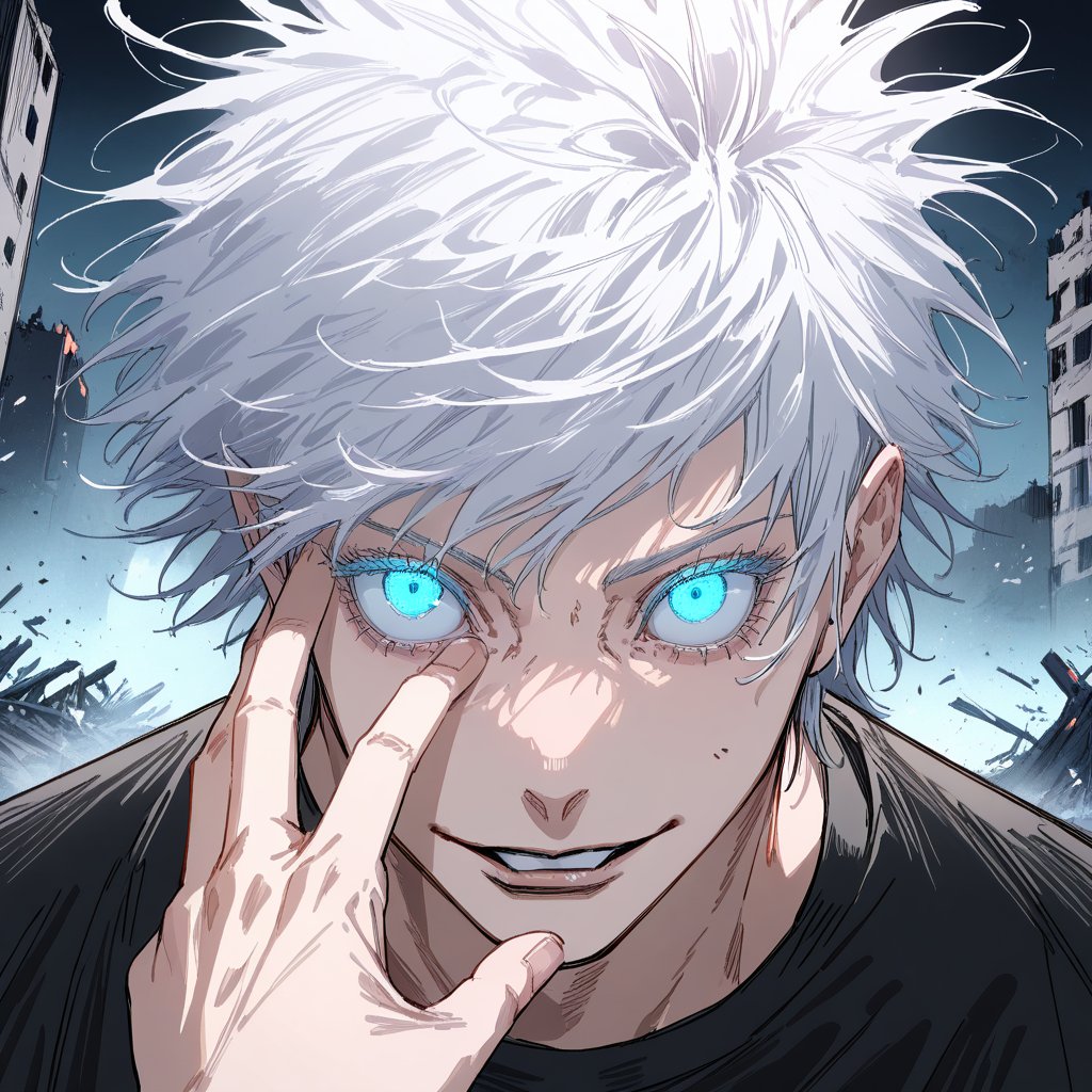 masterpiece, best quality, highly detailed, absurd, 1 child, rim lighting, Gojo Satoru, powerful sorcerer, tight black t-shirt, bright blue eyes, white hair, hair over one eye, standing, looking at viewer, constricted pupils, smile, portrait, parted lips, close-up, focus on face, hand sign, hand in front of face, destroyed buildings, night