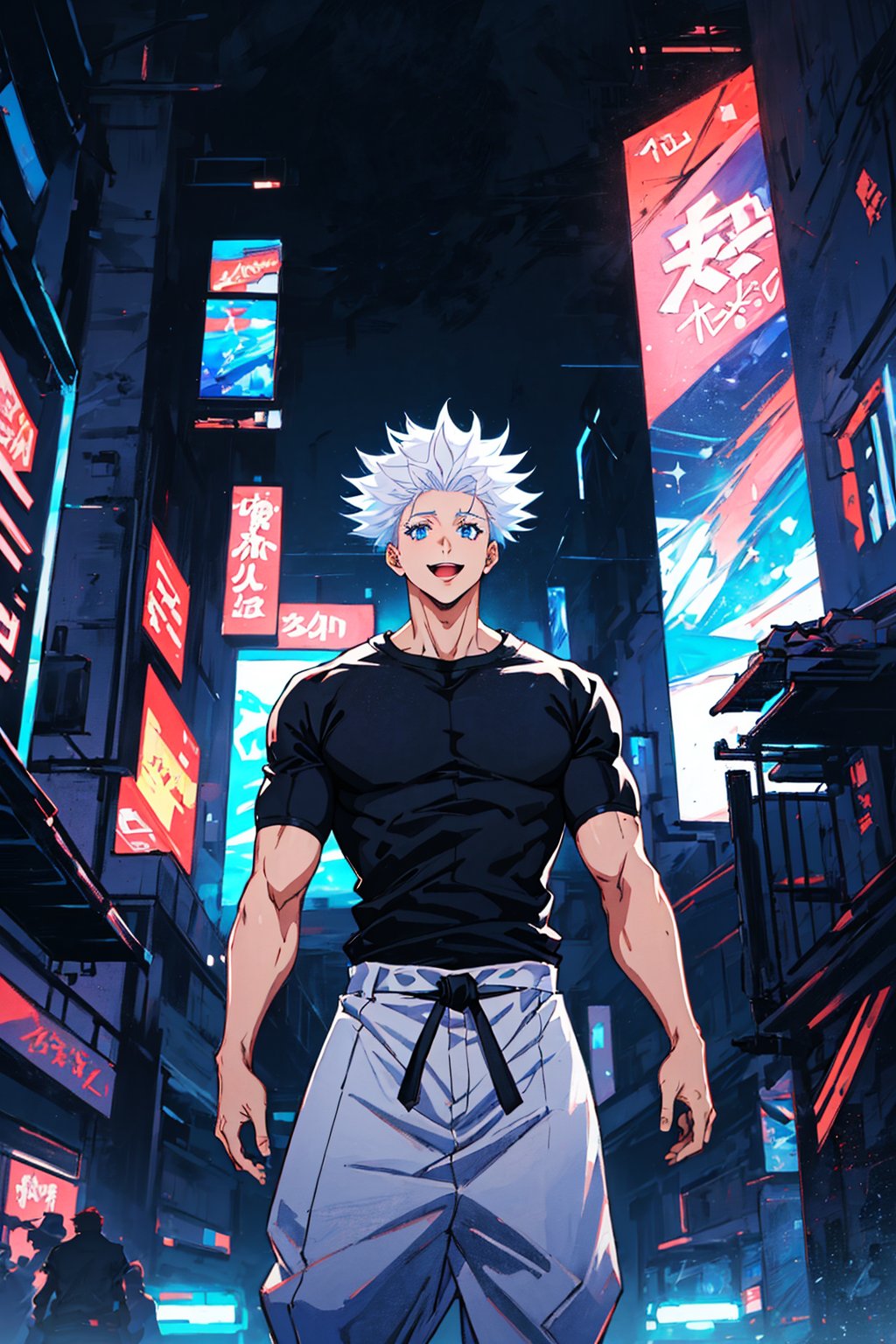 1 boy, edge light, Gojo Satoru, powerful sorcerer, tight black t-shirt, loose white pants, bright blue eyes, white hair, happy, city background, Jujutsu Kaisen, mix of fantasy and realism, special effects, fantasy, ultra HD, HDR, 4K,Retro, style anime. Style jujutsu kaisen. 