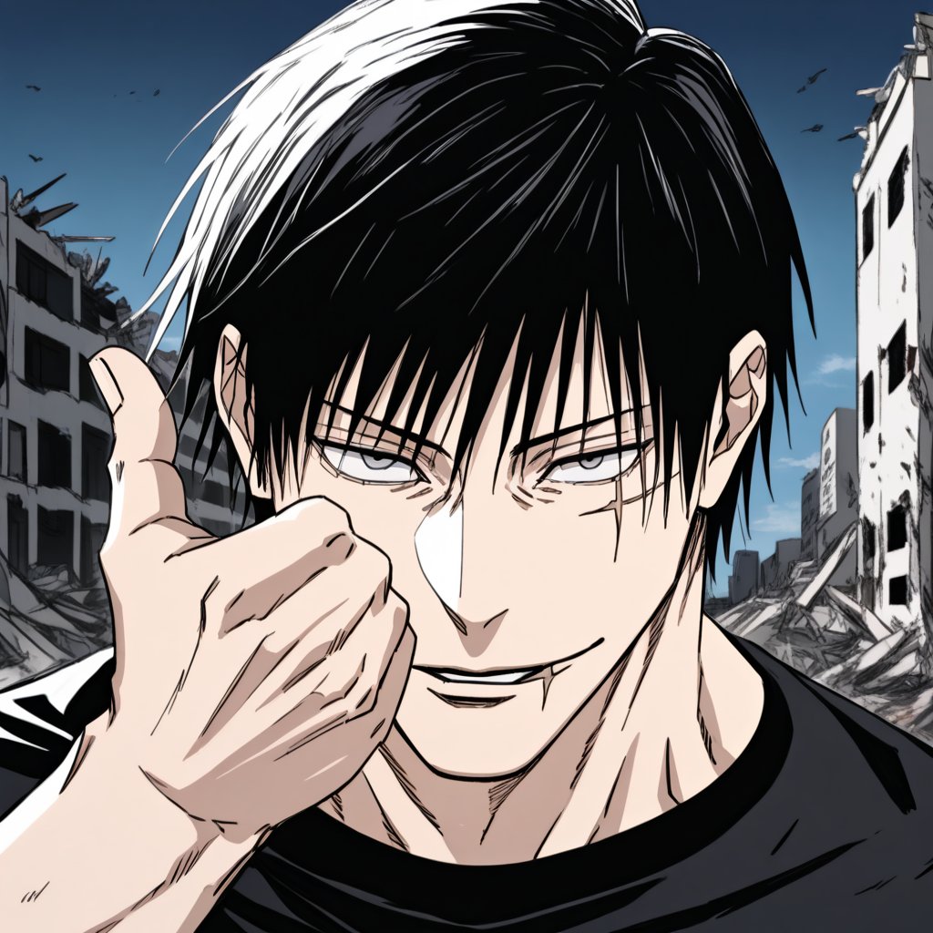 Source_anime, Rating_questionnable, Score_9, score_8_up, score_7_up, score_6_up, score_5_up, score_4_up, 1boy, solo ,t0j1, black hair, huge muscles, short hair, scar, fringe, black eyes, scar on face, muscular, black t-shirt, white pants, outdoors, city,looking at viewer, narrowed pupils, smile, portrait, parted lips, close-up, focus on face, hand signal, hand in front of face, destroyed buildings, night