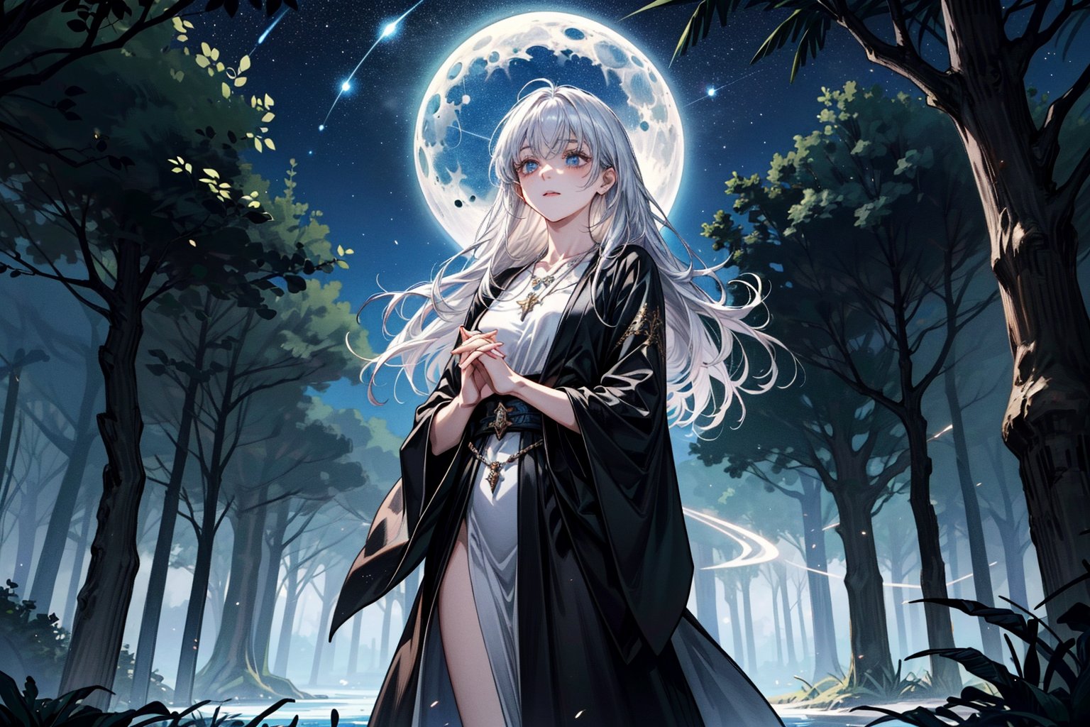 A serene forest glade bathed in soft lunar light. Aria, a mystical sorceress, stands before an ancient glowing tree, her silver hair flowing like a river of night sky. She extends a hand, palm upwards, to harness celestial forces. The black robe with silver constellations adorns her slender figure, while the moonstone necklace glows softly. In the foreground, a curious boyfriend and girlfriend, their faces aglow with wonder, approach Aria, hands clasped together in anticipation of the mystical encounter. Framing shot: Medium-wide angle, capturing the enchanting atmosphere and mystical energy surrounding Aria.