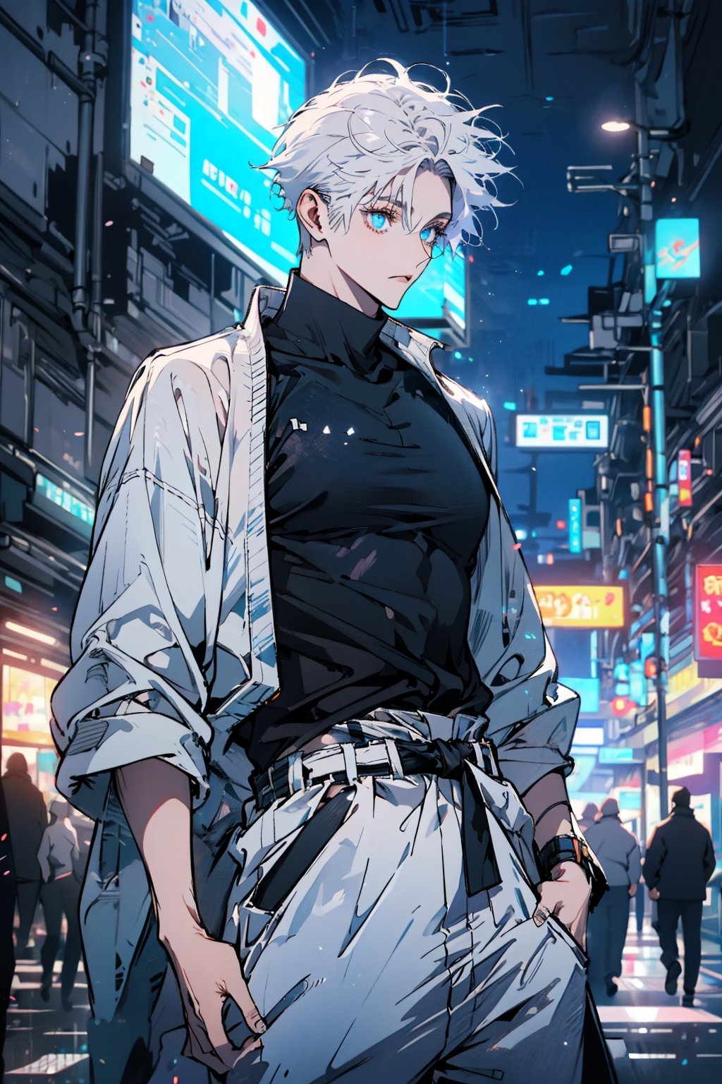 1 boy, edge light, Gojo Satoru, powerful sorcerer, tight black t-shirt, loose white pants, bright blue eyes, white hair, city background, Jujutsu Kaisen, mix of fantasy and realism, special effects, fantasy, ultra HD, HDR, 4K,Retro, style anime. Style jujutsu kaisen.,1guy,midjourney