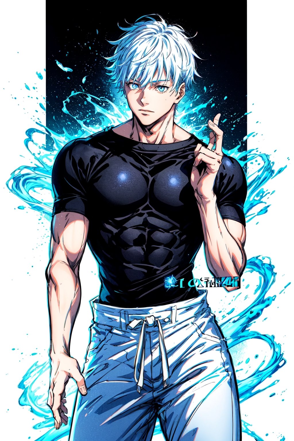 1boy, Gojo Satoru, powerful sorcerer, full body, black tight t-shirt, loose white pants, light blue eyes, white hair, Jujutsu Kaisen, mix of fantasy and realism, special effects, fantasy, ultra HD, HDR, 4K, realhands, gojosatoru