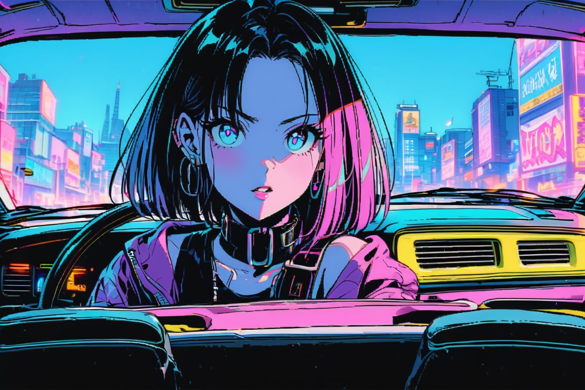 inside car view, futuremadness of woman warrior wearing cyberpunk style clothes, drive a mustang in the city., retro 90s style.