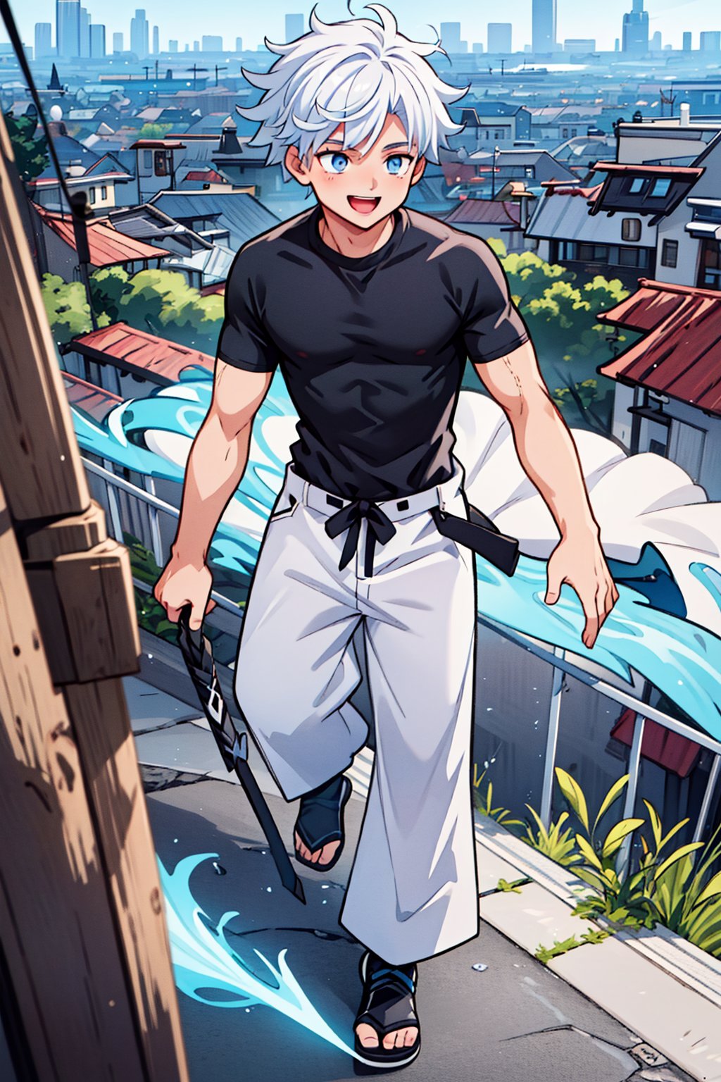 1 boy, edge light, Gojo Satoru, powerful sorcerer, tight black t-shirt, loose white pants, bright blue eyes, white hair, happy, city background, Jujutsu Kaisen, mix of fantasy and realism, special effects, fantasy, ultra HD, HDR, 4K,