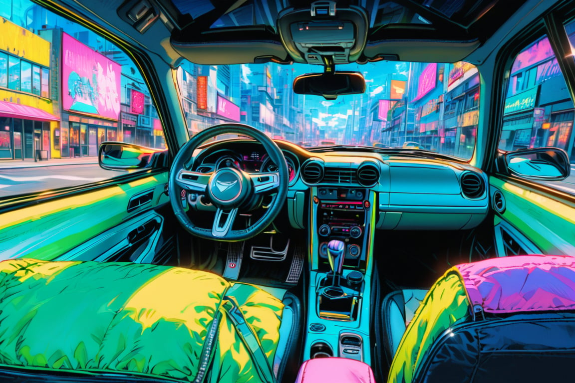 inside car view, futuremadness of woman warrior wearing cyberpunk style clothes, drive a mustang in the city., retro 90s style.