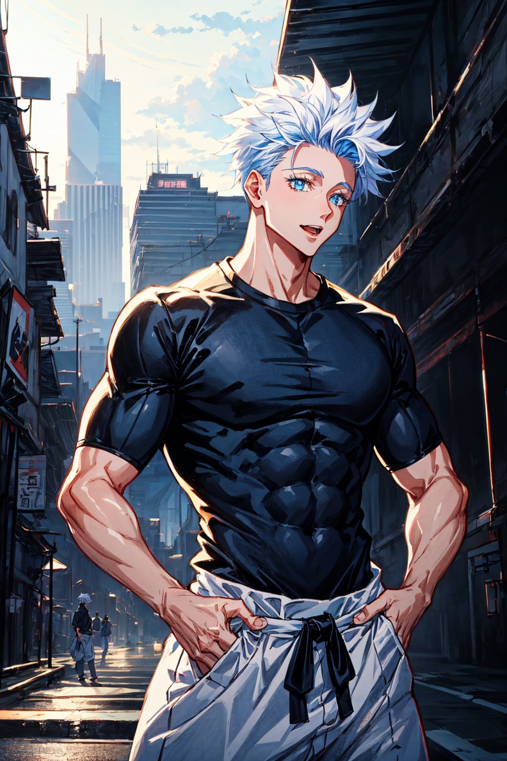 1 boy, edge light, Gojo Satoru, powerful sorcerer, tight black t-shirt, loose white pants, bright blue eyes, white hair, happy, city background, Jujutsu Kaisen, mix of fantasy and realism, special effects, fantasy, ultra HD, HDR, 4K,Retro