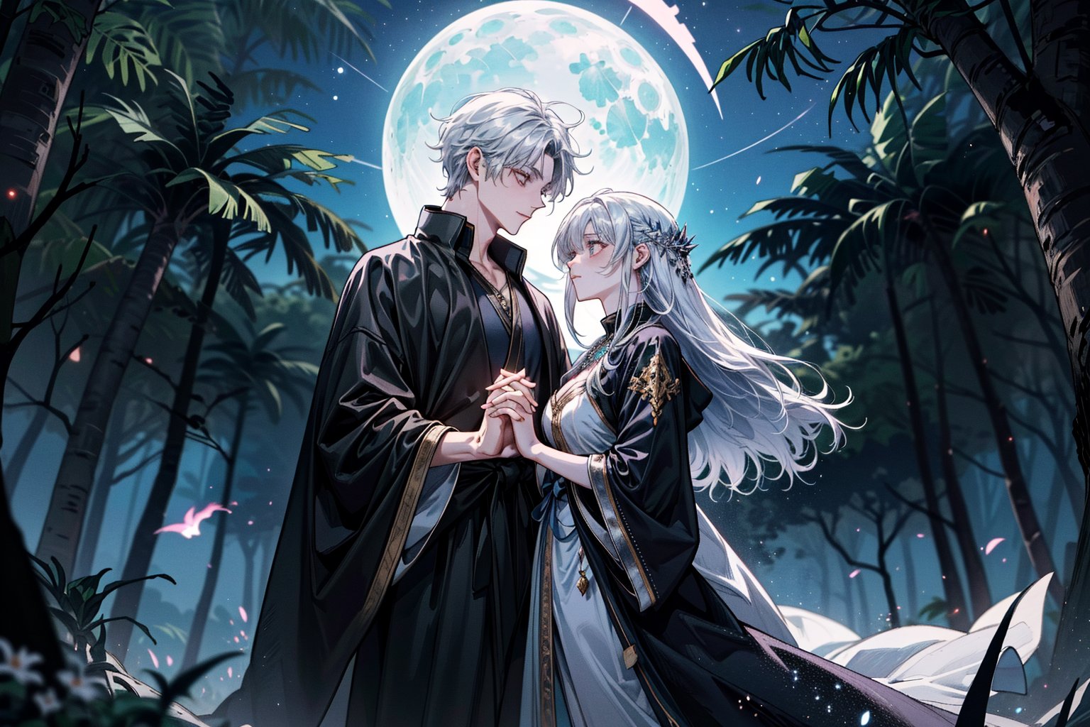 A serene forest glade bathed in soft lunar light. Aria, a mystical sorceress, stands before an ancient glowing tree, her silver hair flowing like a river of night sky. She extends a hand, palm upwards, to harness celestial forces. The black robe with silver constellations adorns her slender figure, while the moonstone necklace glows softly. In the foreground, a curious boyfriend and girlfriend, their faces aglow with wonder, approach Aria, hands clasped together in anticipation of the mystical encounter. Framing shot: Medium-wide angle, capturing the enchanting atmosphere and mystical energy surrounding Aria.