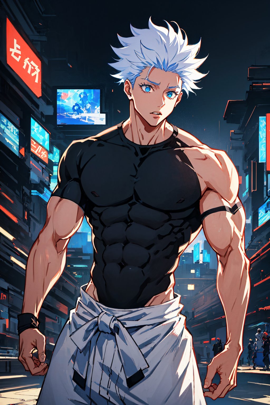 1 boy, edge light, Gojo Satoru, powerful sorcerer, tight black t-shirt, loose white pants, bright blue eyes, white hair, city background, Jujutsu Kaisen, mix of fantasy and realism, special effects, fantasy, ultra HD, HDR, 4K,Retro, style anime. Style jujutsu kaisen. 