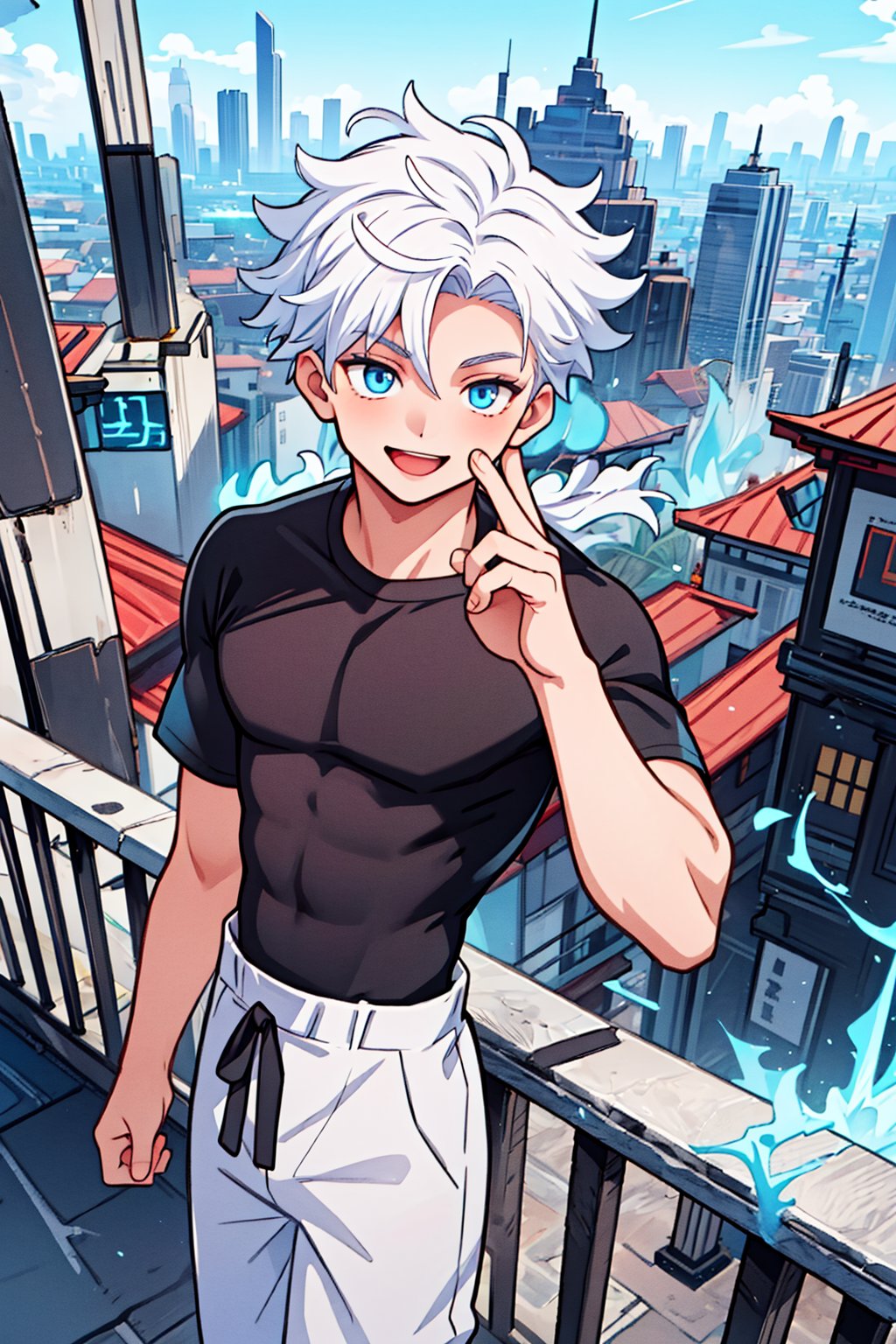 1 boy, edge light, Gojo Satoru, powerful sorcerer, tight black t-shirt, loose white pants, bright blue eyes, white hair, happy, city background, Jujutsu Kaisen, mix of fantasy and realism, special effects, fantasy, ultra HD, HDR, 4K,