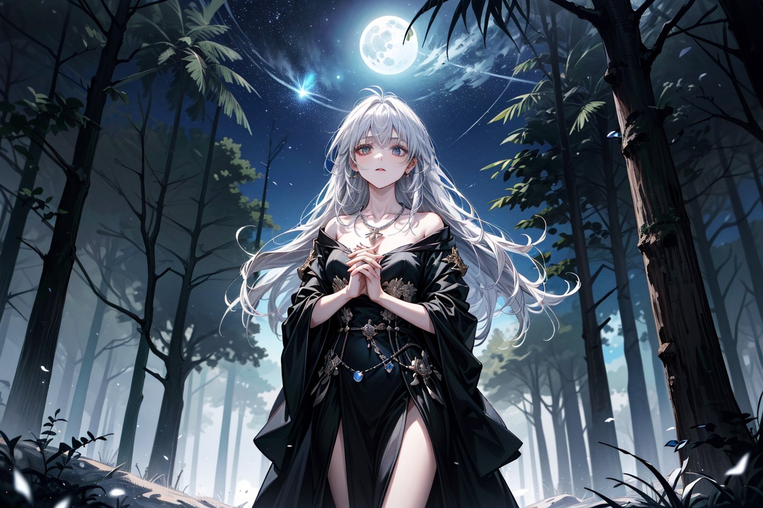 A serene forest glade bathed in soft lunar light. Aria, a mystical sorceress, stands before an ancient glowing tree, her silver hair flowing like a river of night sky. She extends a hand, palm upwards, to harness celestial forces. The black robe with silver constellations adorns her slender figure, while the moonstone necklace glows softly. In the foreground, a curious boyfriend and girlfriend, their faces aglow with wonder, approach Aria, hands clasped together in anticipation of the mystical encounter. Framing shot: Medium-wide angle, capturing the enchanting atmosphere and mystical energy surrounding Aria.