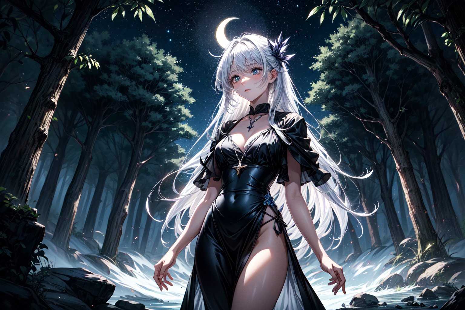 A serene forest glade bathed in soft lunar light. Aria, a mystical sorceress, stands before an ancient glowing tree, her silver hair flowing like a river of night sky. She extends a hand, palm upwards, to harness celestial forces. The black robe with silver constellations adorns her slender figure, while the moonstone necklace glows softly. In the foreground, a curious boyfriend and girlfriend, their faces aglow with wonder, approach Aria, hands clasped together in anticipation of the mystical encounter. Framing shot: Medium-wide angle, capturing the enchanting atmosphere and mystical energy surrounding Aria.