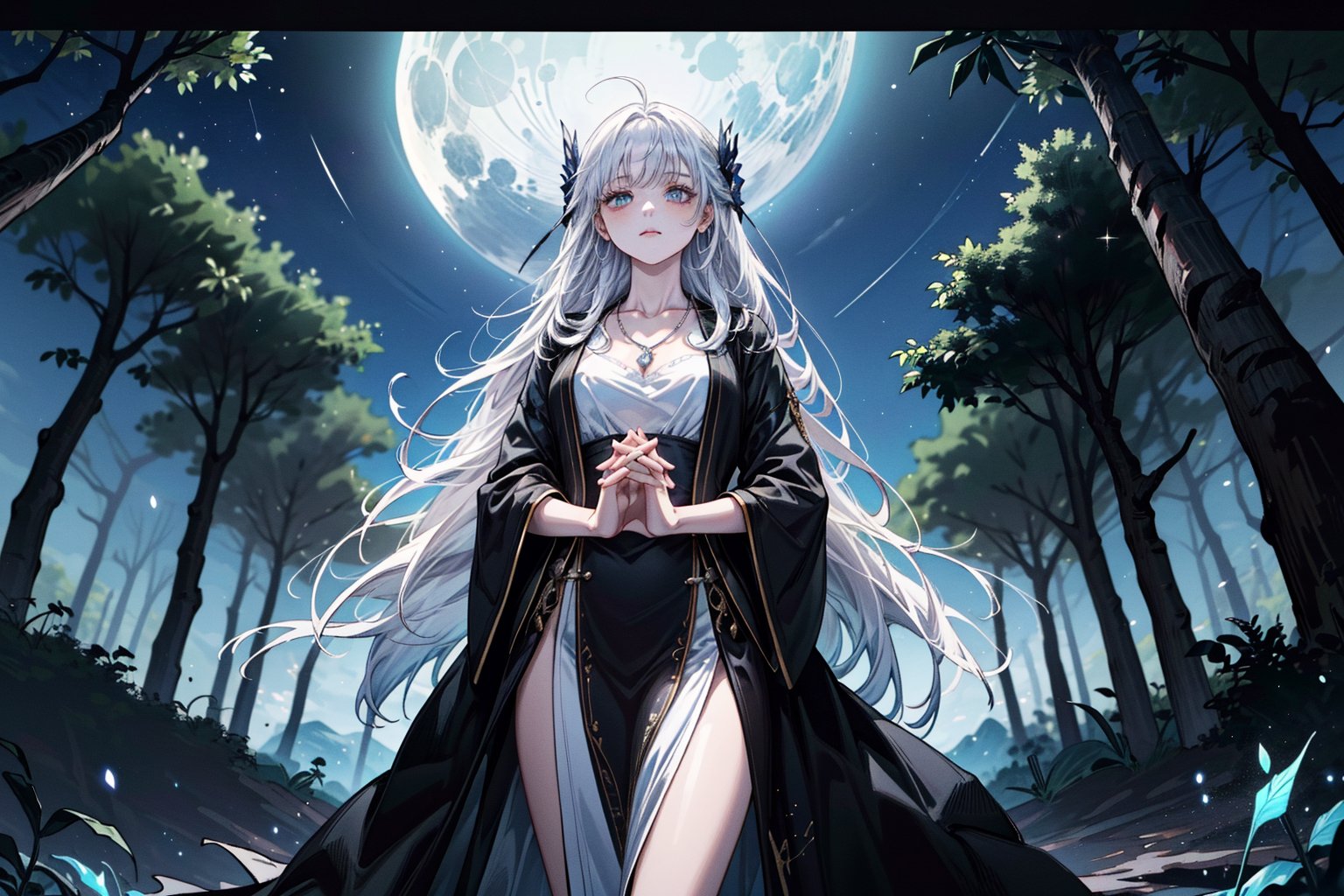 A serene forest glade bathed in soft lunar light. Aria, a mystical sorceress, stands before an ancient glowing tree, her silver hair flowing like a river of night sky. She extends a hand, palm upwards, to harness celestial forces. The black robe with silver constellations adorns her slender figure, while the moonstone necklace glows softly. In the foreground, a curious boyfriend and girlfriend, their faces aglow with wonder, approach Aria, hands clasped together in anticipation of the mystical encounter. Framing shot: Medium-wide angle, capturing the enchanting atmosphere and mystical energy surrounding Aria.