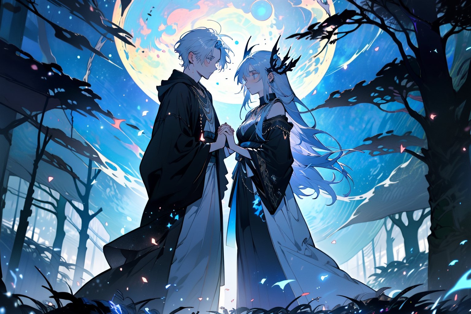 A serene forest glade bathed in soft lunar light. Aria, a mystical sorceress, stands before an ancient glowing tree, her silver hair flowing like a river of night sky. She extends a hand, palm upwards, to harness celestial forces. The black robe with silver constellations adorns her slender figure, while the moonstone necklace glows softly. In the foreground, a curious boyfriend and girlfriend, their faces aglow with wonder, approach Aria, hands clasped together in anticipation of the mystical encounter. Framing shot: Medium-wide angle, capturing the enchanting atmosphere and mystical energy surrounding Aria.