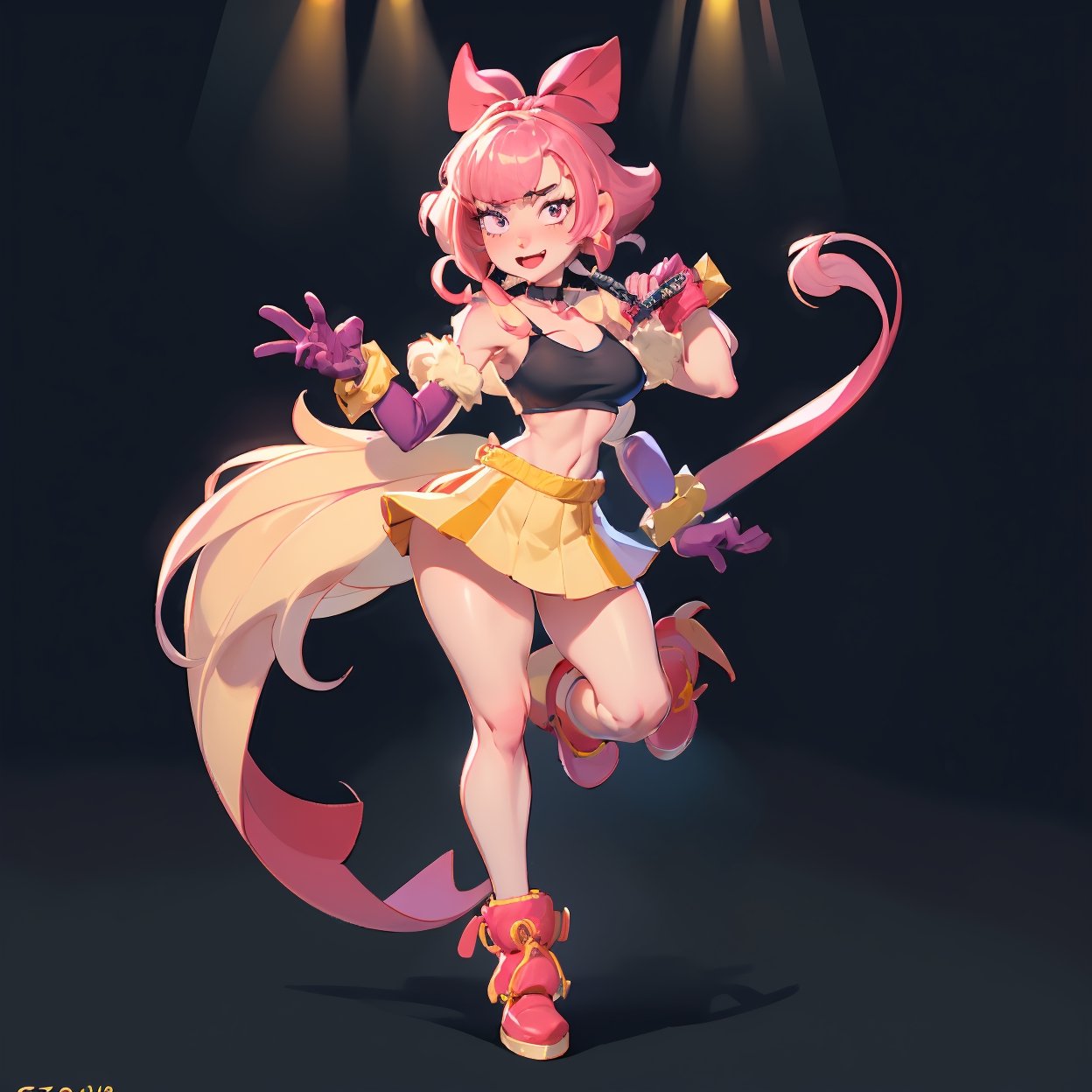 full body,((1girl,melodiebs,Melodie,solo)),focus on beatiful young idol girl:"(pink hair,hime cut+magenta bow with long ribbon end)",(expressive,seductive and mature,20 years old).clothes=(black_crop_top,yellow_skirt)".acessories:"fur stole,chocker,(magenta elbow gloves+Spike bracelet in hand), (choker+heart)", bare_feet, lifting one leg, thighs, melodiebs. {Purple musical notes lively,like pokémons}. {Detailed anime style, vivid colors}, {concert stage, karaoke},{masterpiece, dynamic pose, ultra-detailed, soft lighting, 4k quality, refined, sharp, best_quality:1.3},1girl,EnvyBeautyMix23