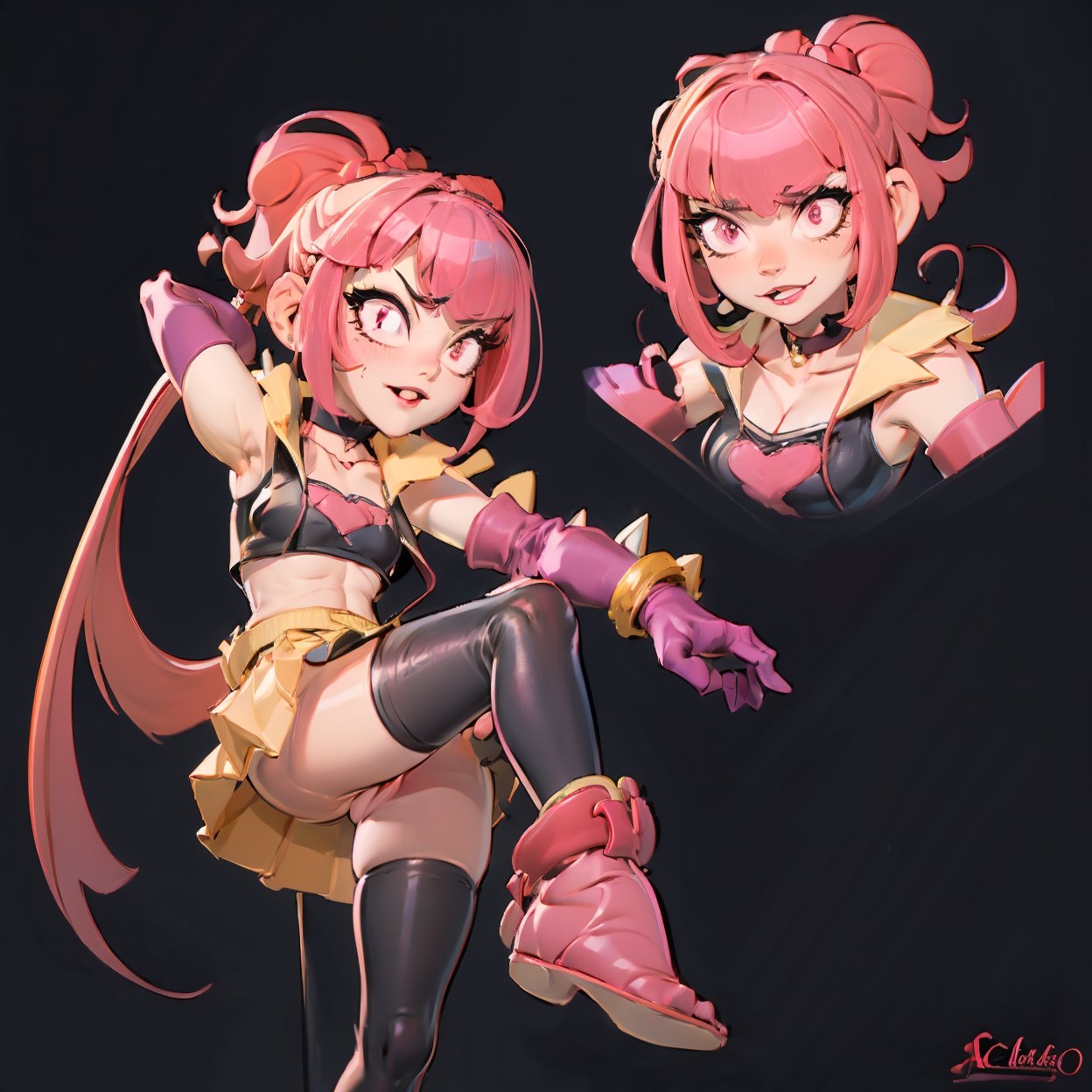 full body,((1girl,melodiebs,Melodie,solo)),focus on beatiful young idol girl:"(pink hair,hime cut+magenta bow with long ribbon end)",(expressive,seductive and mature,20 years old).clothes=(black_crop_top,yellow_skirt)".acessories:"fur stole,chocker,(magenta elbow gloves+Spike bracelet in hand), (choker+heart)", bare_feet, lifting one leg, thighs, melodiebs. {Purple musical notes lively,like pokémons}. {Detailed anime style, vivid colors}, {concert stage, karaoke},{masterpiece, dynamic pose, ultra-detailed, soft lighting, 4k quality, refined, sharp, best_quality:1.3},1girl,EnvyBeautyMix23,footstomp,footjob