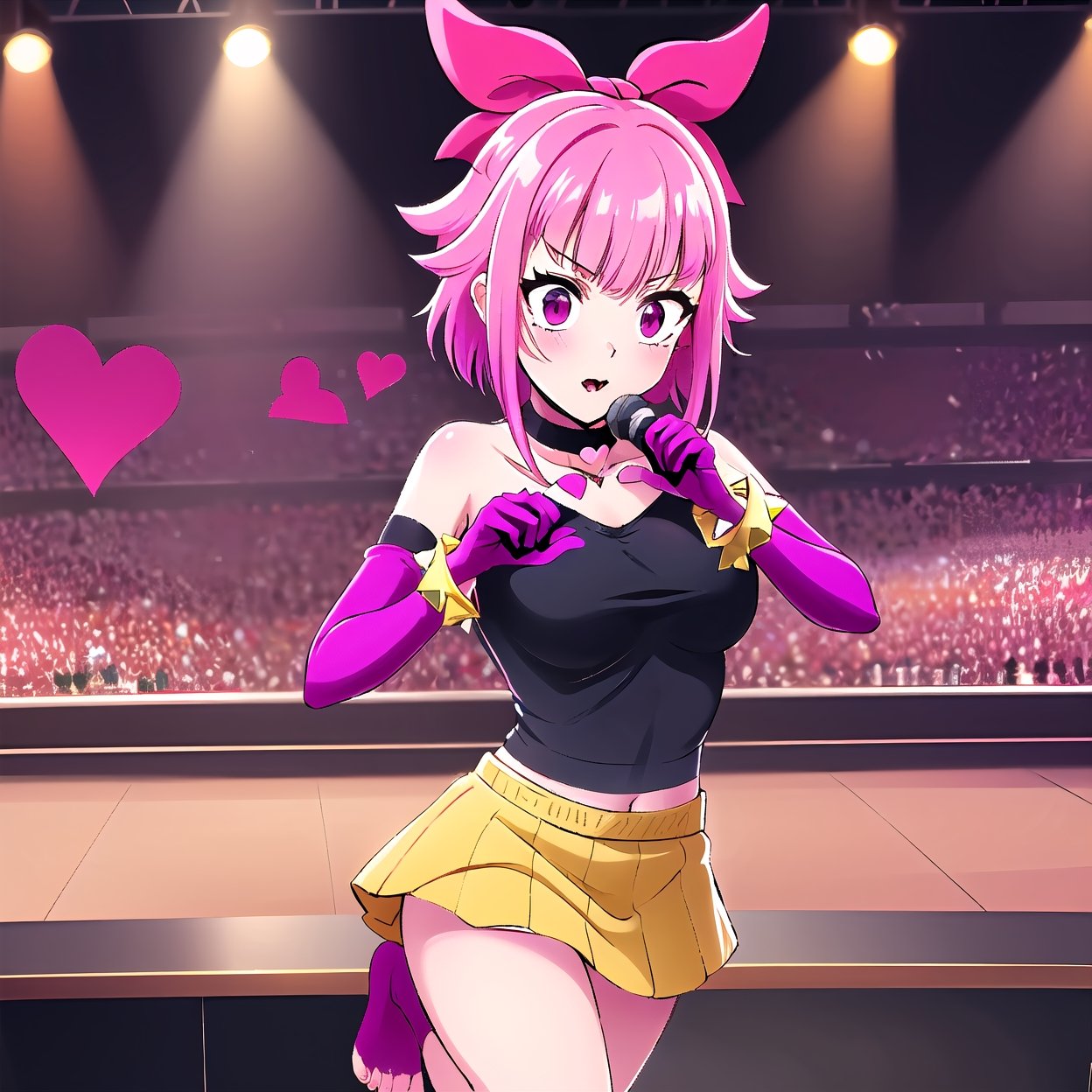 full body,((1girl,melodiebs,Melodie,solo)),focus on beatiful young idol girl:"(pink hair,hime cut+magenta bow with long ribbon end)",(expressive,seductive and mature,20 years old).clothes=(black_crop_top,yellow_skirt)".acessories:"fur stole,chocker,(magenta elbow gloves+Spike bracelet in hand), (choker+heart)", bare_feet, lifting one leg, soles focus, thighs, melodiebs. {Purple musical notes lively,like pokémons}. {Detailed anime style, vivid colors}, {concert stage, karaoke},{masterpiece, dynamic pose, ultra-detailed, soft lighting, 4k quality, refined, sharp, best_quality:1.3},1girl