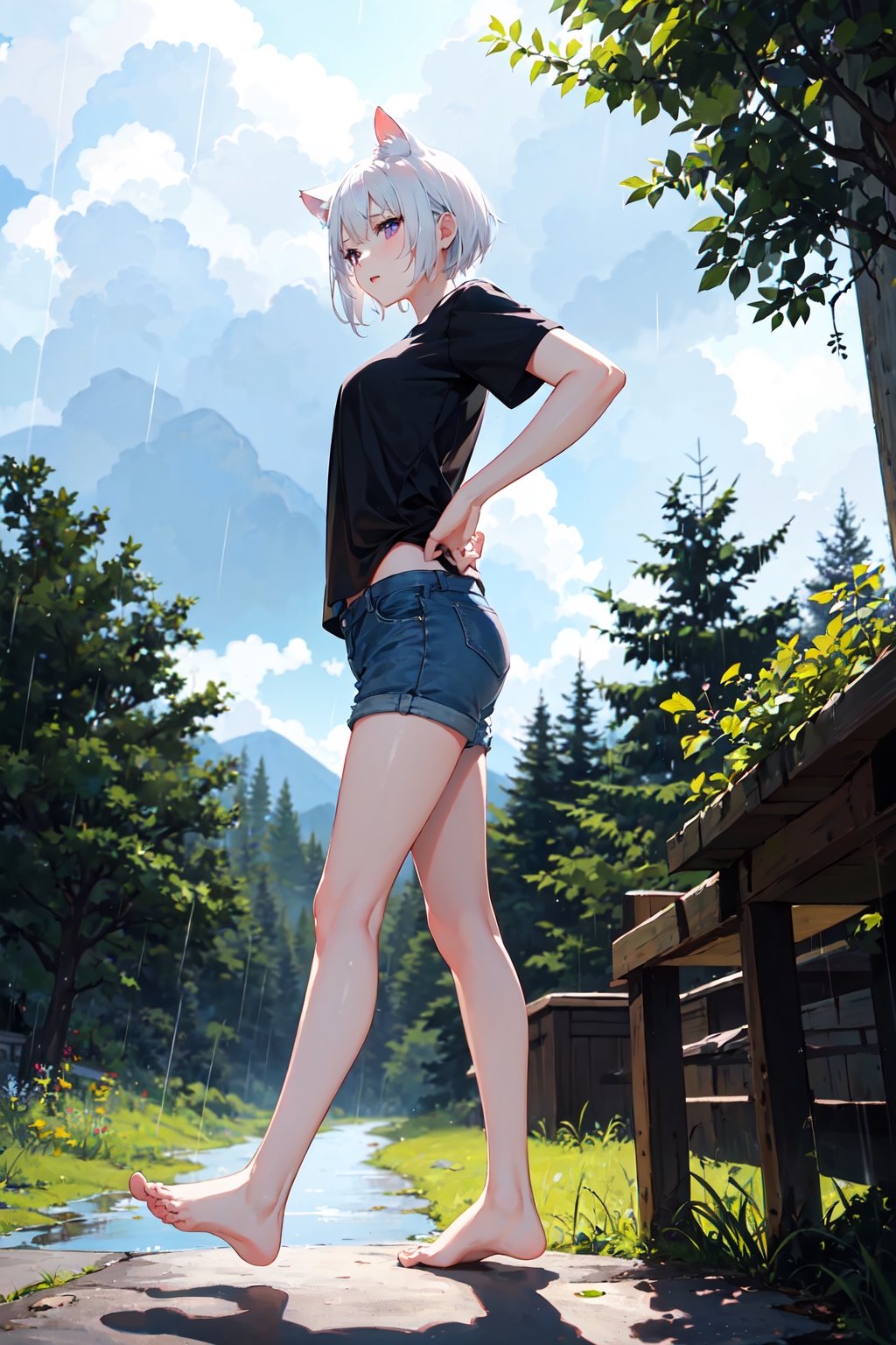 1girl, solo, white hair, short hair, cat ears, violet eyes, black shirt, short sleeve, blue denim short, bare feet, standing, forest, day, clouds, rainy weather, raindrop, front view, lifting her leg, showing her soles foot
