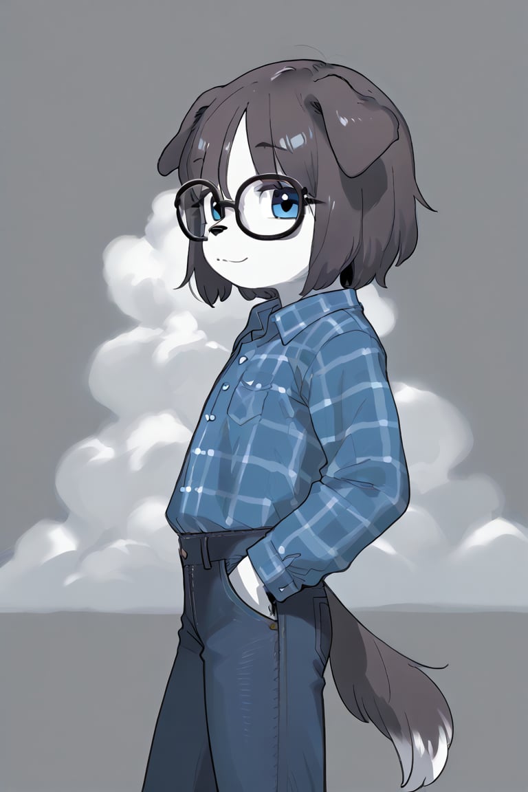 by furvidd, solo, arched back, slim waist, looking at viewer, smile, blue eyes, shirt, long sleeves, 1boy, animal ears, closed mouth, standing, tail, male focus, sky, glasses, collared shirt, pants, cloud, grey background, side view, plaid, denim, dog ears, furry, dog tail, jeans, blue pants, furry male, body fur, plaid shirt, unmoving pattern, snout, dog boy, 