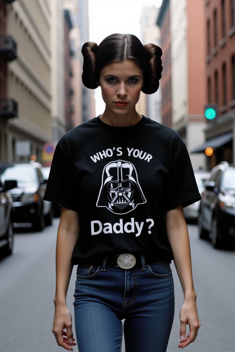  p3r1n, princess leia wearing black tshirt and jeans, walking down a new york street towards the viewer. Twin hair buns. (Short hair).No plait. No braid. On the front of her shirt is a portrait in white of Daryl Vader with his iconic black helmet. Above this portrait are the words "Who's Your", and below, the word "Daddy?" The words are in an clear bold font.