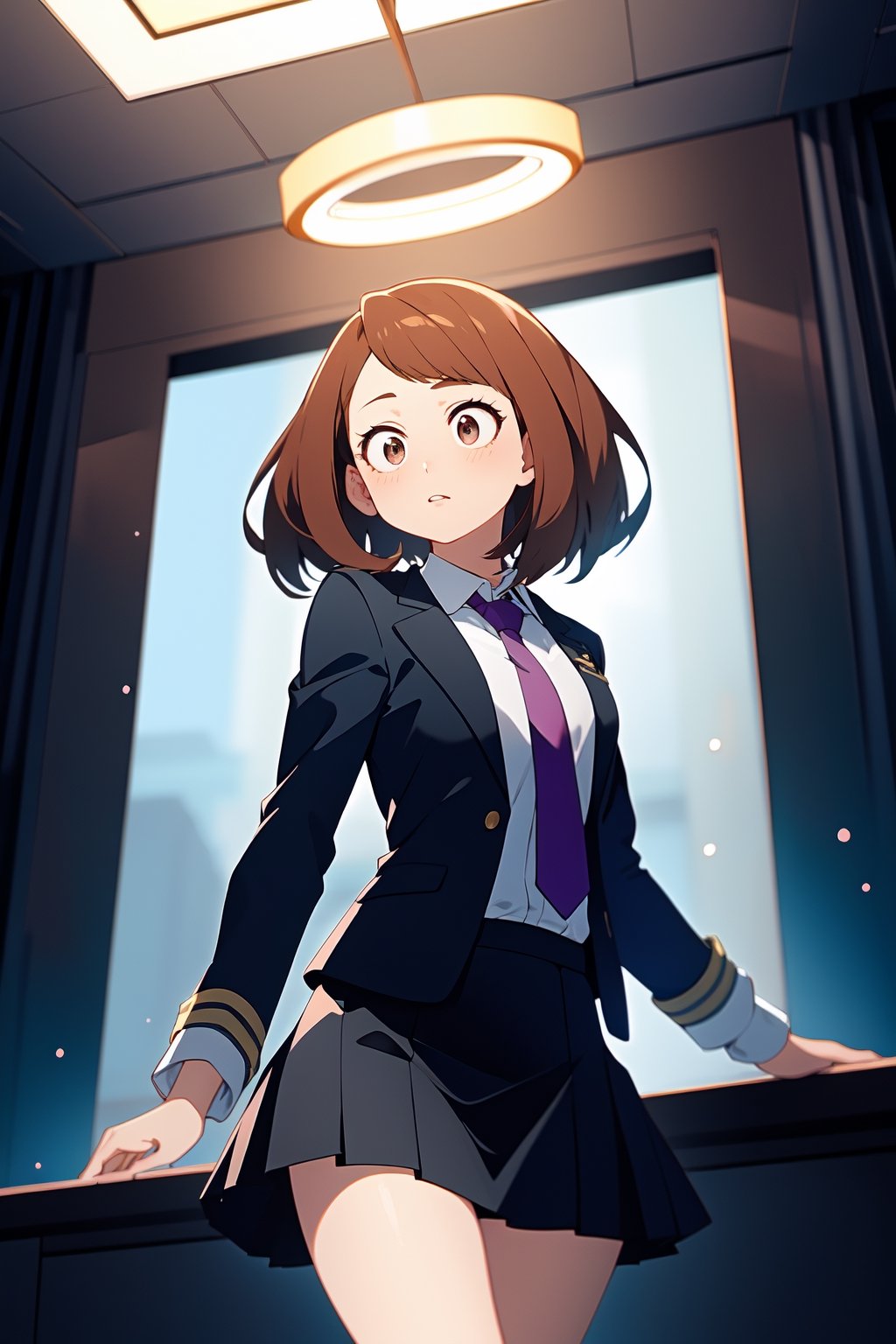 masterpiece, best quality, highres, long hair, school uniform uncovered, Blue_necktie, black jacket, open jacket, long sleeve, black skirt, short skirt, yugioh, illustration, ,hmochako, ochako uraraka, command spell, 