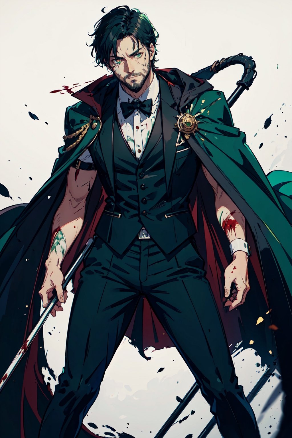 (-_-)masterpiece ,1man,blood on face,green eyes,thin beard,ambient light,short hair,serious face expression,green tuxedo,black anklepants,half cape,dark art,holding cane , dark skin