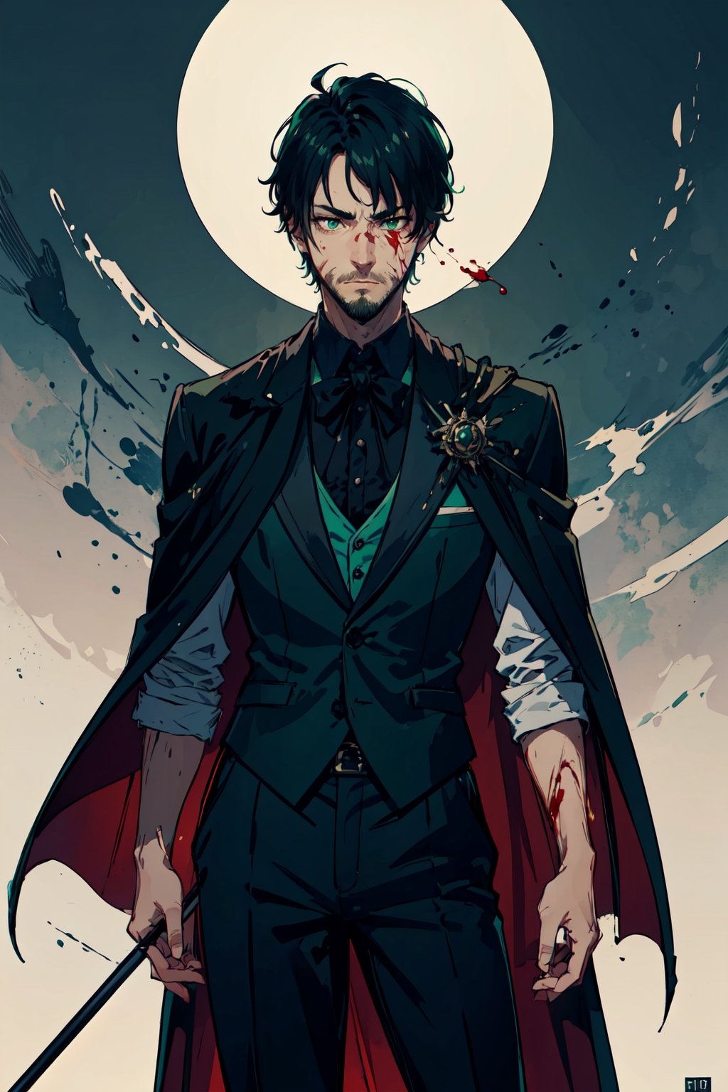 (-_-)masterpiece ,1man,blood on face,green eyes,thin beard,ambient light,short hair,serious face expression,green tuxedo,black anklepants,half cape,dark art,holding cane , dark skin