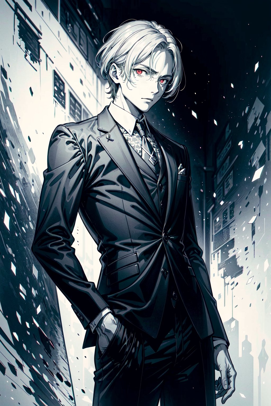 ((masterpiece, best quality)),(monochrome art),1men,silver hair,red eyes,professor outfit,Redayana, background in the tartarus