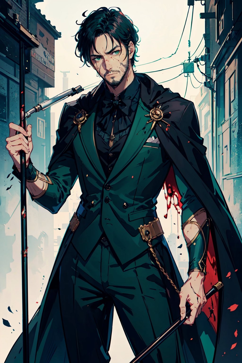 (-_-)masterpiece ,1man,blood on face,green eyes,thin beard,ambient light,short hair,serious face expression,green tuxedo,black anklepants,half cape,dark art,holding cane , dark skin