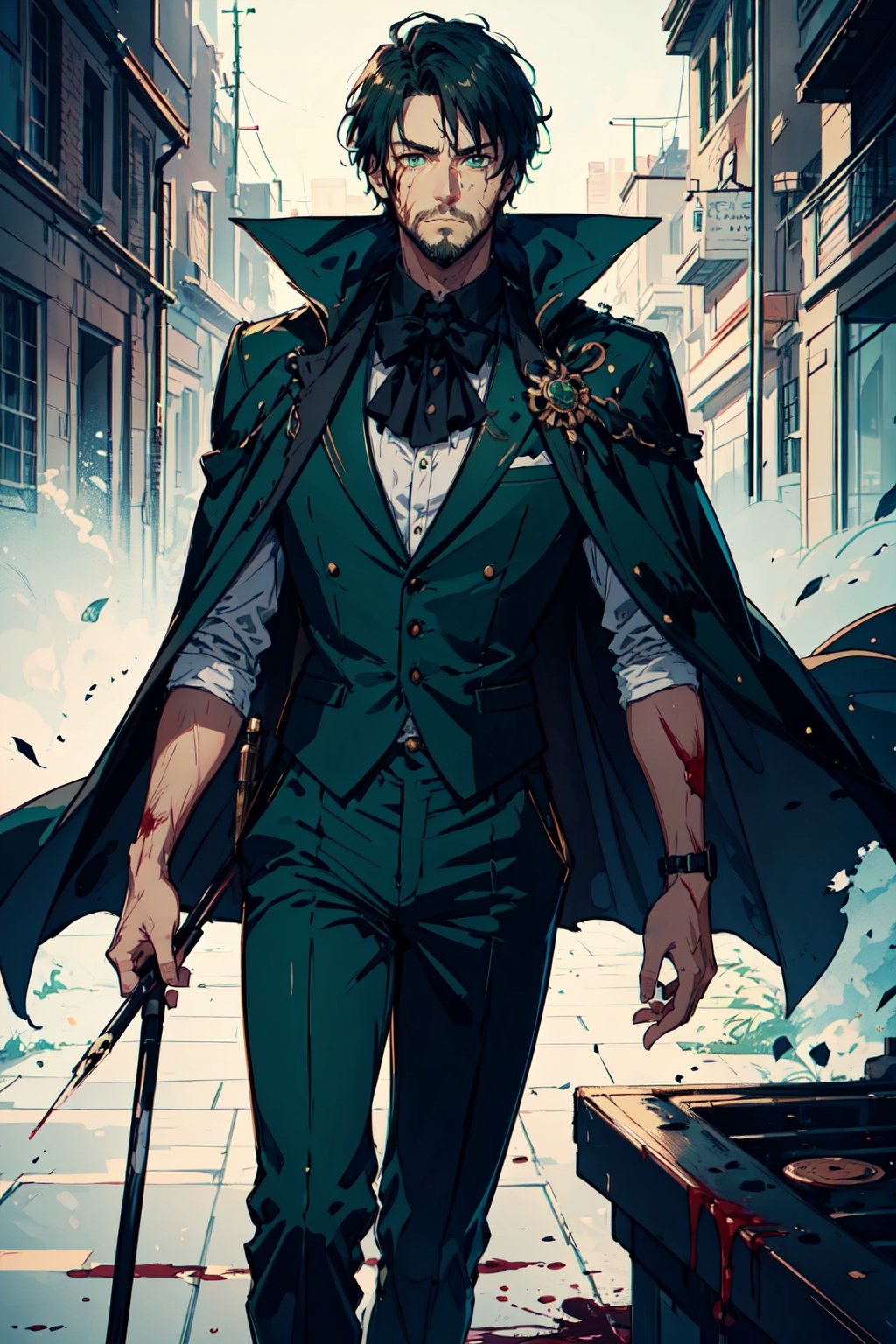 (-_-)masterpiece ,1man,blood on face,green eyes,thin beard,ambient light,short hair,serious face expression,green tuxedo,black anklepants,half cape,dark art,holding cane , dark skin