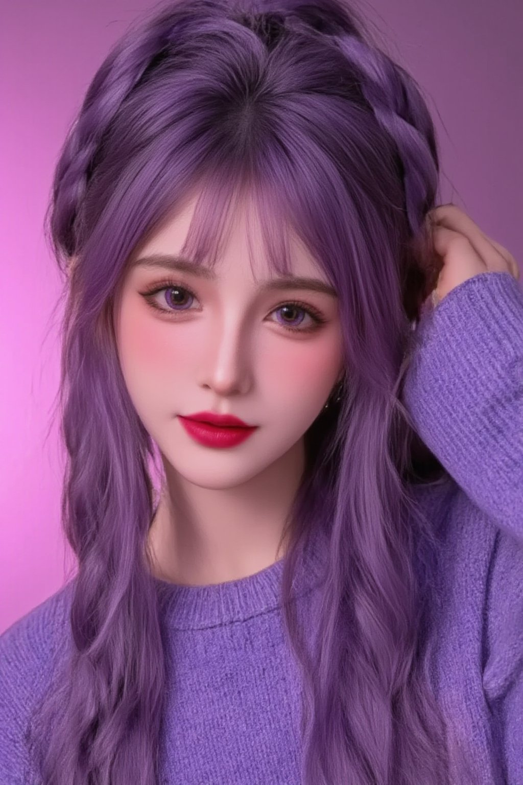 A photorealistic full-body portrait of a stunning 21yo hubggirl with perfect hands. She wears a vibrant purple sweater and double braids adorned with tiny earrings. Her shoulder-length purple hair is styled in intricate braids that cascade down her back. Her eyes are a deep, rich purple, framed by thick eyelashes and subtle makeup. A bold red lip color adds a pop of brightness to the overall gradient background, which transitions seamlessly from pink to purple. The subject's gaze is direct, with a hint of sassiness as she wears a trendy hat and sports a confident smile. Shut up, indeed!