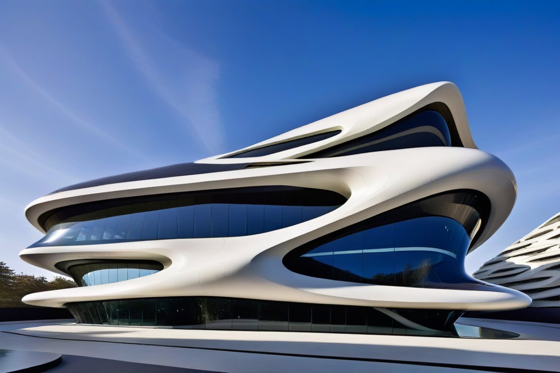 exterior of building, smooth form building, futuristic feeling, design by Zaha Hadid
