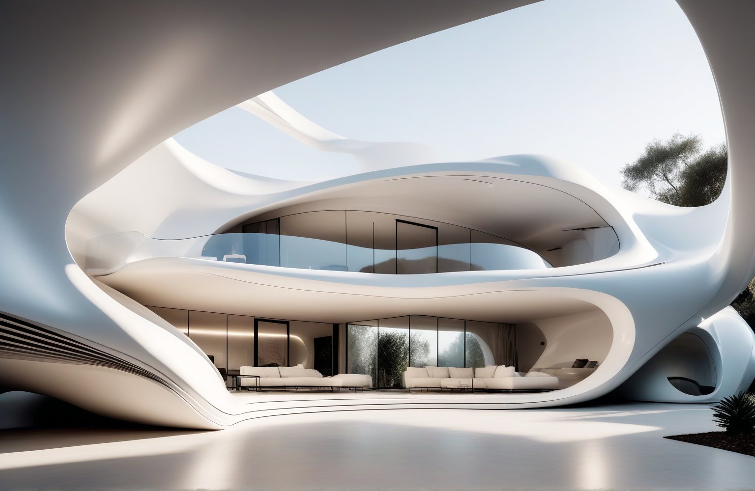 Zaha Hadid art style, design of a self sustain house, one floor, semy buried, hyper-realistic, 8k UHD, DSLR, soft lighting, high quality, film grain, Fuji-film XT3s
