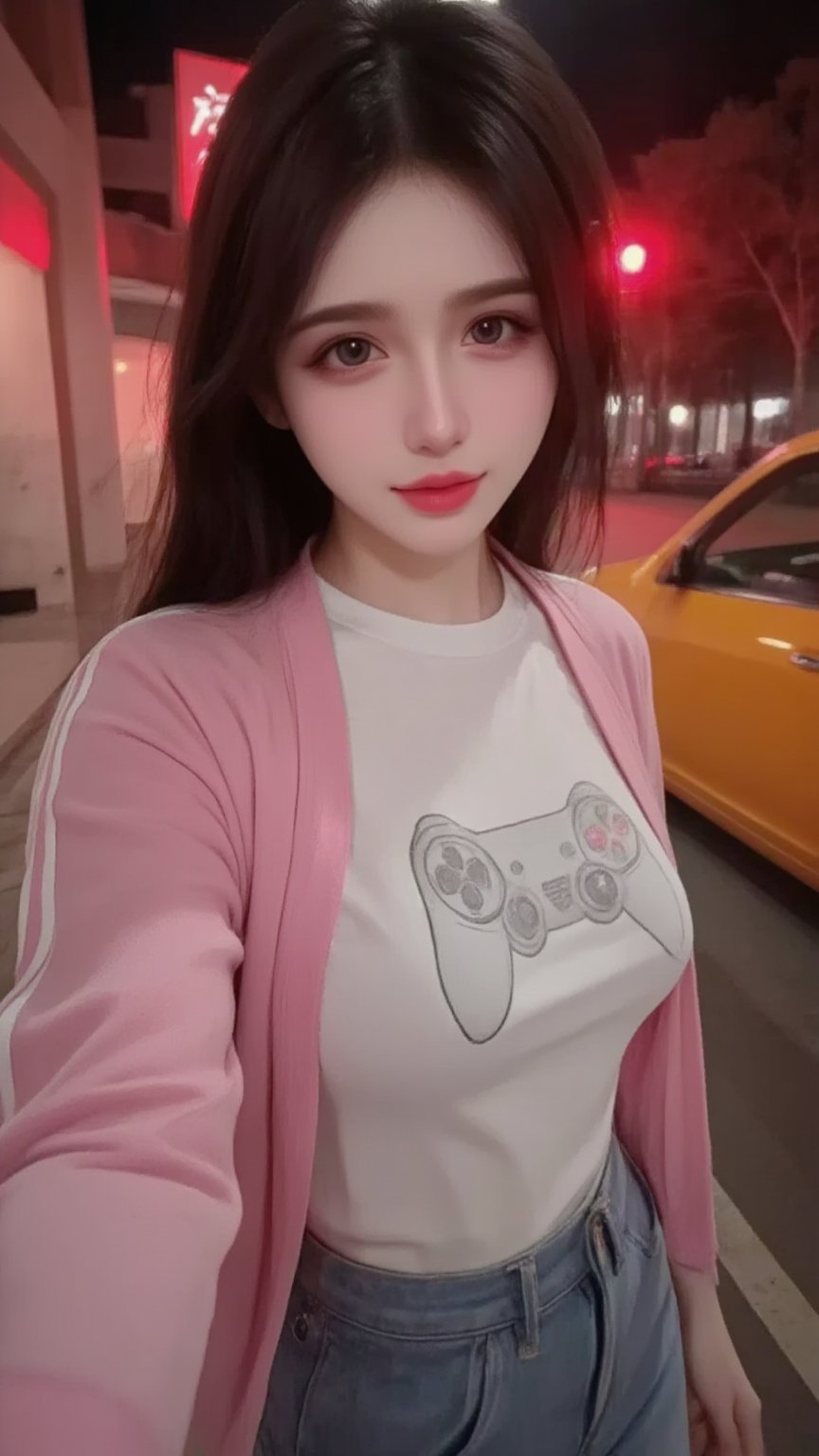 YAOHUASHANG,
Captured at eye-level a close-up shot captures a young Asian woman with long dark hair wearing a white t-shirt with the draw a Gamepad  image . She is wearing a pink jacket with a white stripe down the left side of the jacket. The woman's face is cute, adding a pop of color to her outfit. The backdrop is a city street at night with a yellow car parked on the right side. The street is illuminated by a red light creating a vibrant contrast to the woman's outfit.,