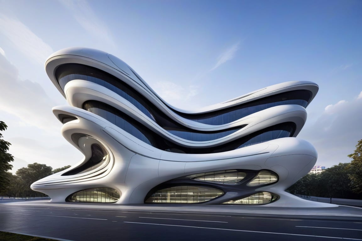 exterior of building, smooth form building, futuristic feeling, design by Zaha Hadid
