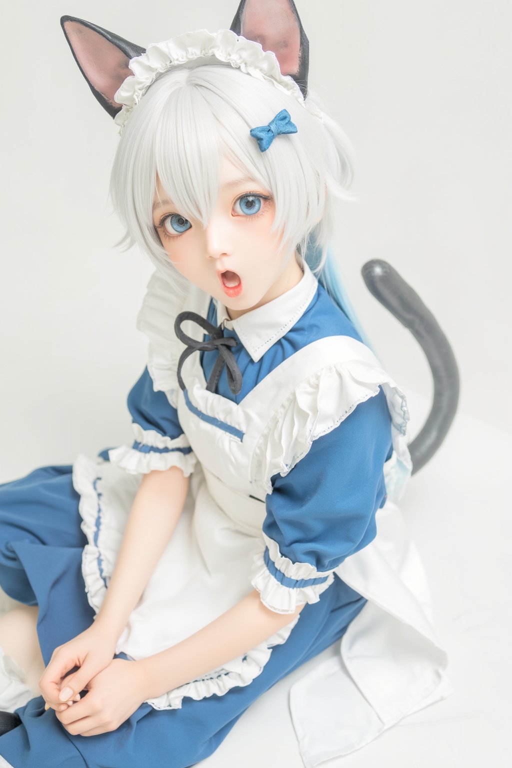 Animal ears,cat ears,male focus,apron,tail,cat tail,otoko no ko,open mouth,blue hair,solo,white hair,maid headdress,blue eyes,looking at viewer,wariza,hair ornament,cat boy,sitting,pale skin,bow,apron,far wide_shot hair eyes,far hair eyes,