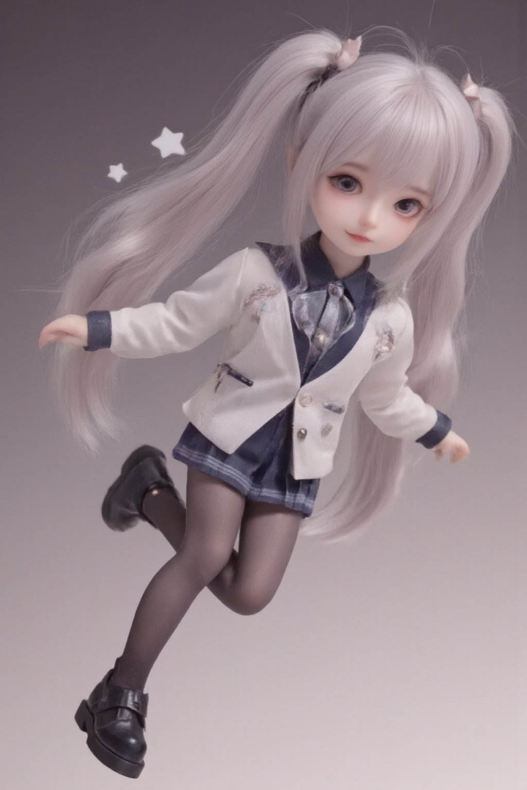 hd,8k,1girl, cute bjd girl, chibi character, chibi. cute background. dynamic pose (jumping), she wears a fancy sporting uniform (shirt, miniskirt, Cute leather shoes), open mouth, long  hair, ponytail hairstyle. little body, full body character. masterpiece. she is happy, cool,smiling. Himecut hairstyle, masterpiece, stars on the sides. loooking at viewer. Blush, tender smile.shiny pantyhose,dance,Exquisite dolls style