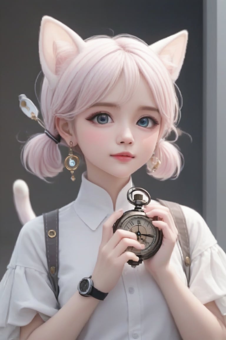 magic God of times girl, cat ears, holding a mechanical watch in her hand