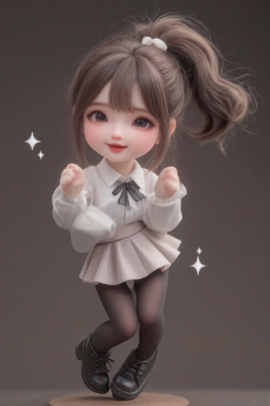 hd,8k,1girl, cute bjd girl, chibi character, chibi. cute background. dynamic pose (jumping), she wears a fancy sporting uniform (shirt, miniskirt, Cute leather shoes), open mouth, long  hair, ponytail hairstyle. little body, full body character. masterpiece. she is happy, cool,smiling. Himecut hairstyle, masterpiece, stars on the sides. loooking at viewer. Blush, tender smile.shiny pantyhose,dance,