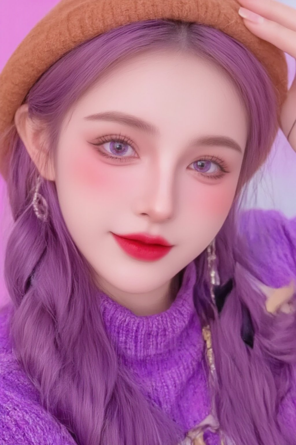 A photorealistic full-body portrait of a stunning 21yo hubggirl with perfect hands. She wears a vibrant purple sweater and double braids adorned with tiny earrings. Her shoulder-length purple hair is styled in intricate braids that cascade down her back. Her eyes are a deep, rich purple, framed by thick eyelashes and subtle makeup. A bold red lip color adds a pop of brightness to the overall gradient background, which transitions seamlessly from pink to purple. The subject's gaze is direct, with a hint of sassiness as she wears a trendy hat and sports a confident smile. Shut up, indeed!