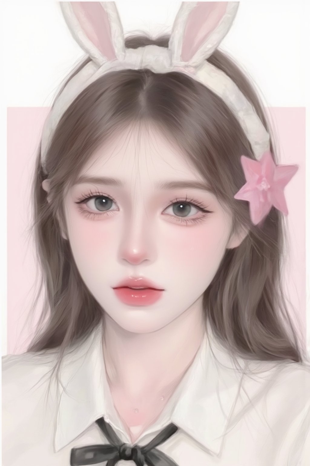 a white shirt with a black bow tie. The woman has a white rabbit ears on her head. There is a pink star on the right side of the woman. 