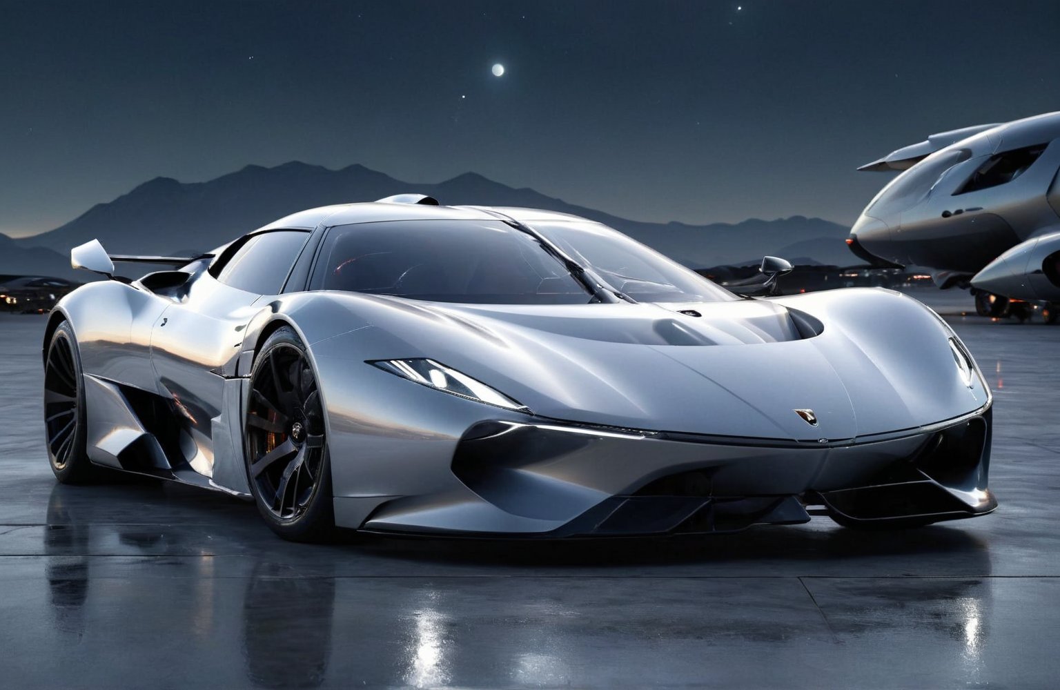  Ultra realistic 8K image, of a Shiny  Massive futurist spaceship with light edges and borders, parked on the ground in a space port hanger inspired by cyberpunk,wedge-shaped,  space area background, (Front Side view), sharp focus, Beautiful weather,symmetrical,spcrft,Starship,Huracán,zaha style,sifi style,futuristic car,NIO,Pagani style, furai style,no wheels,antigravity,Koenigsegg ccx,Fly in the air,symmetry car head,No car logo,1991   Nazca C2,Pontiac Banshee Concept, Jaguar XJ220,mclaren ,