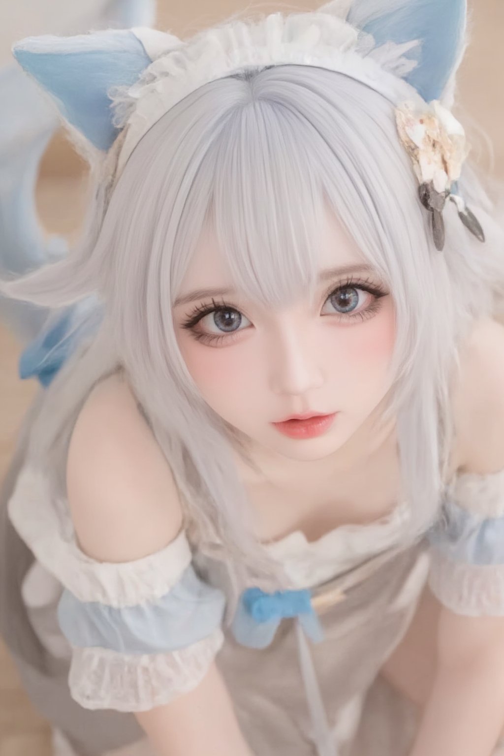 Animal ears,cat ears,male focus,apron,tail,cat tail,otoko no ko,open mouth,blue hair,solo,white hair,maid headdress,blue eyes,looking at viewer,wariza,hair ornament,cat boy,sitting,pale skin,bow,apron,far wide_shot hair eyes,far hair eyes,