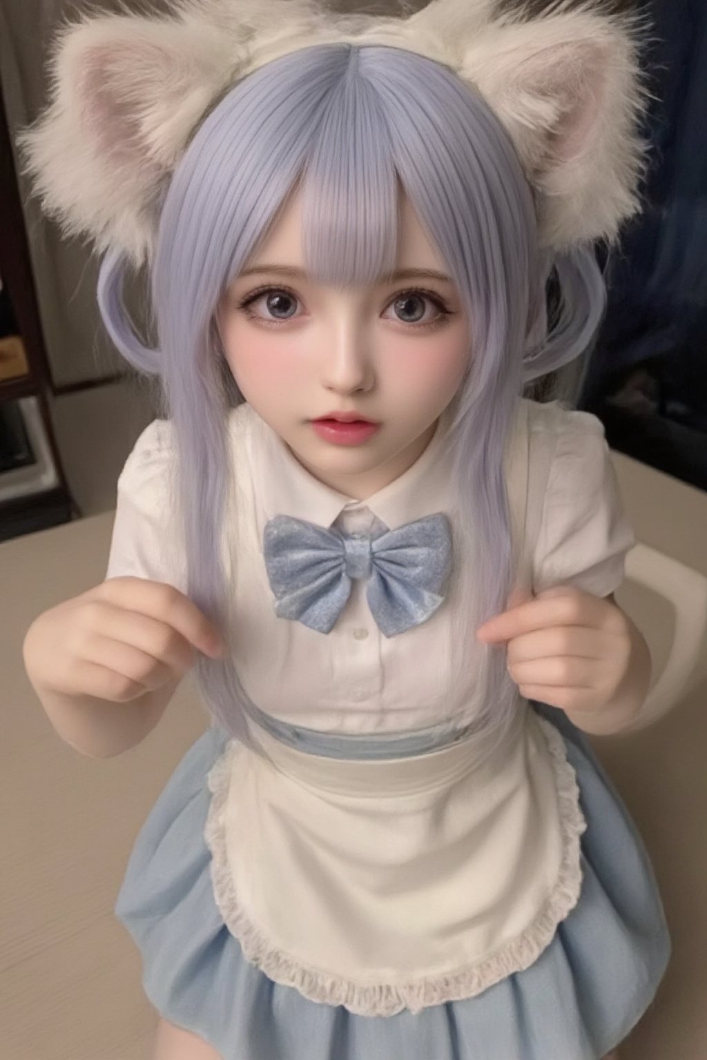 Animal ears,cat ears,male focus,apron,tail,cat tail,otoko no ko,open mouth,blue hair,solo,white hair,maid headdress,blue eyes,looking at viewer,wariza,hair ornament,cat boy,sitting,pale skin,bow,apron,far wide_shot hair eyes,far hair eyes,