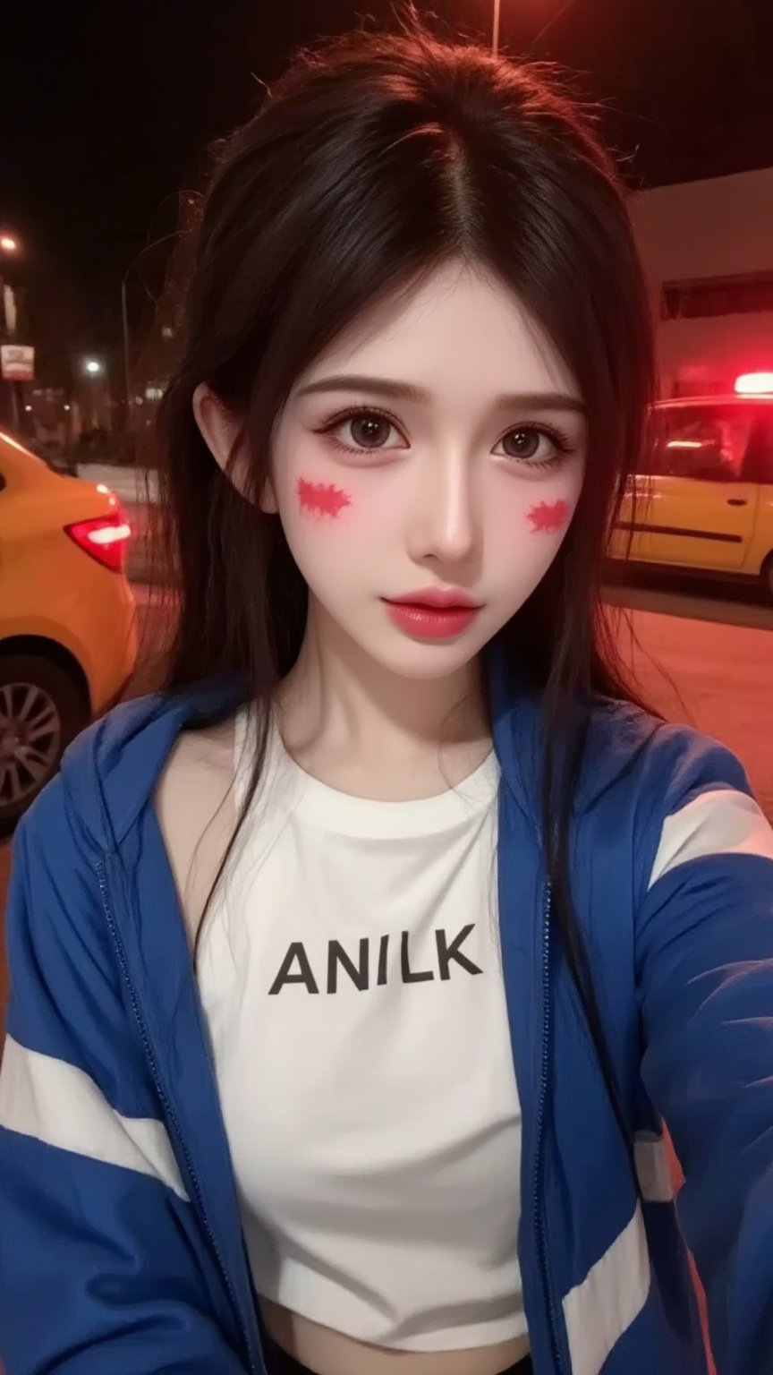 YAOHUASHANG,
Captured at eye-level a close-up shot captures a young Asian woman with long dark hair wearing a white t-shirt with the word "ANIK" written on the front in black letters. She is wearing a blue jacket with a white stripe down the left side of the jacket. The woman's face is covered in red paint adding a pop of color to her outfit. The backdrop is a city street at night with a yellow car parked on the right side. The street is illuminated by a red light creating a vibrant contrast to the woman's outfit.,