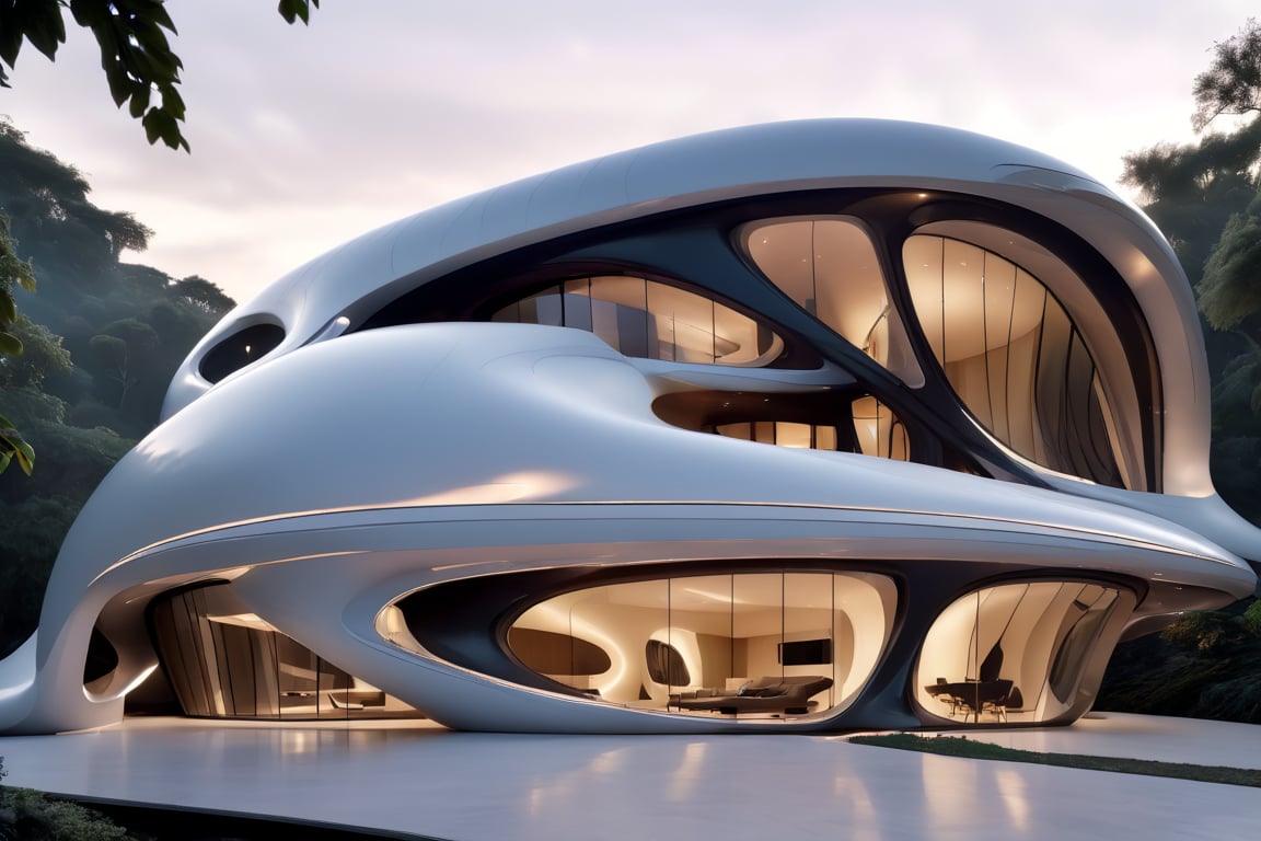 Zaha Hadid art style, design of a self sustain house, one floor, semy buried, hyper-realistic, 8k UHD, DSLR, soft lighting, high quality, film grain, Fuji-film XT3s
